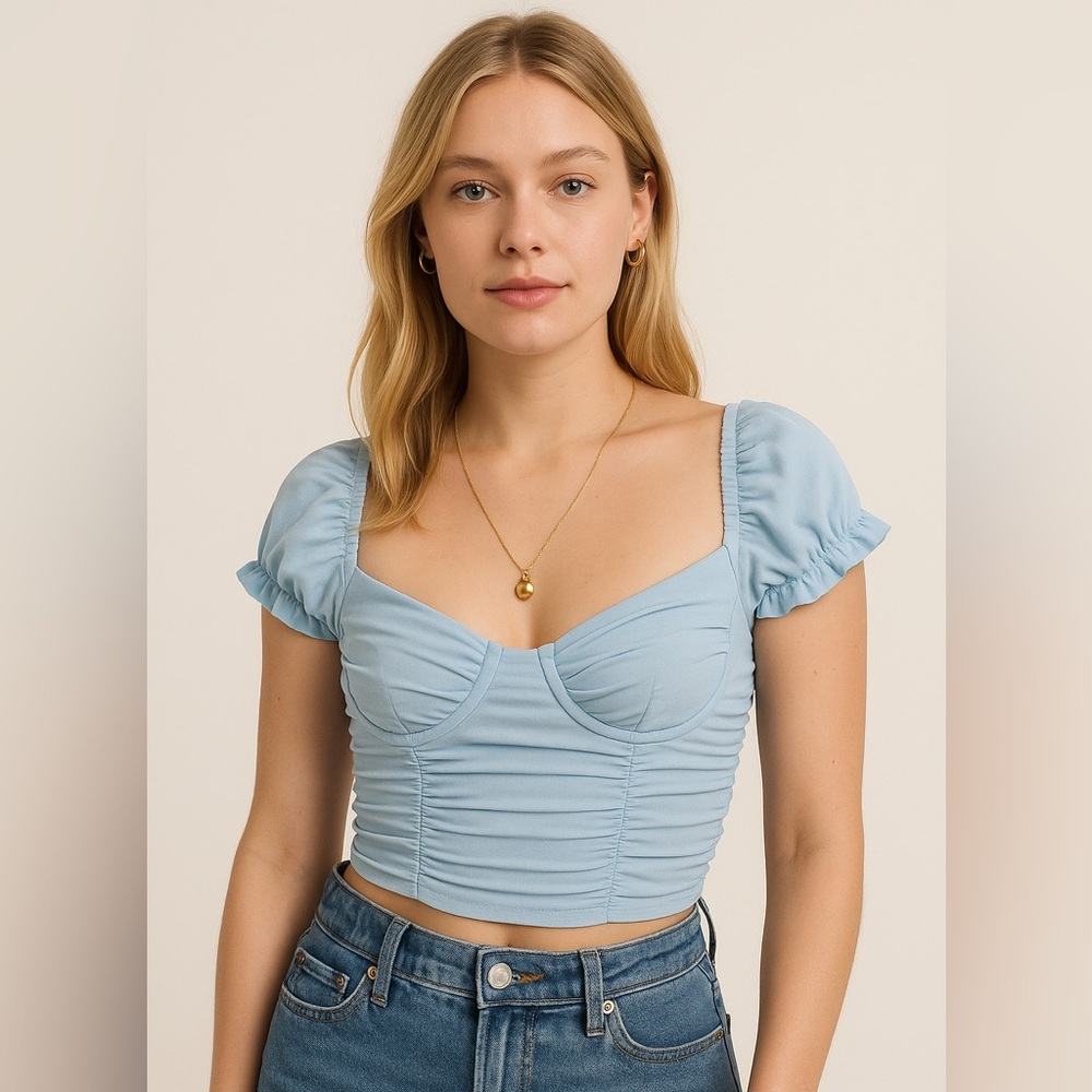 Grey Bandit Light Blue Ruched Crop Top – Puff Sleeves, Cottagecore Vibes
